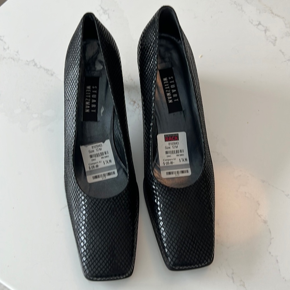 STUART WEITZMAN Women’s Classic Pump Square Toe Heels Leather Faux Snake Blk 12